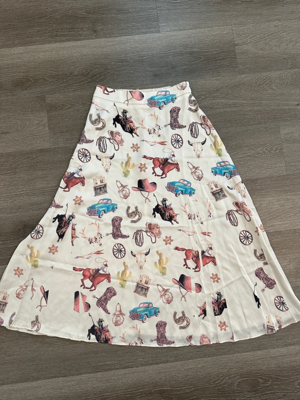Cream Western-Print A-Line Midi Skirt